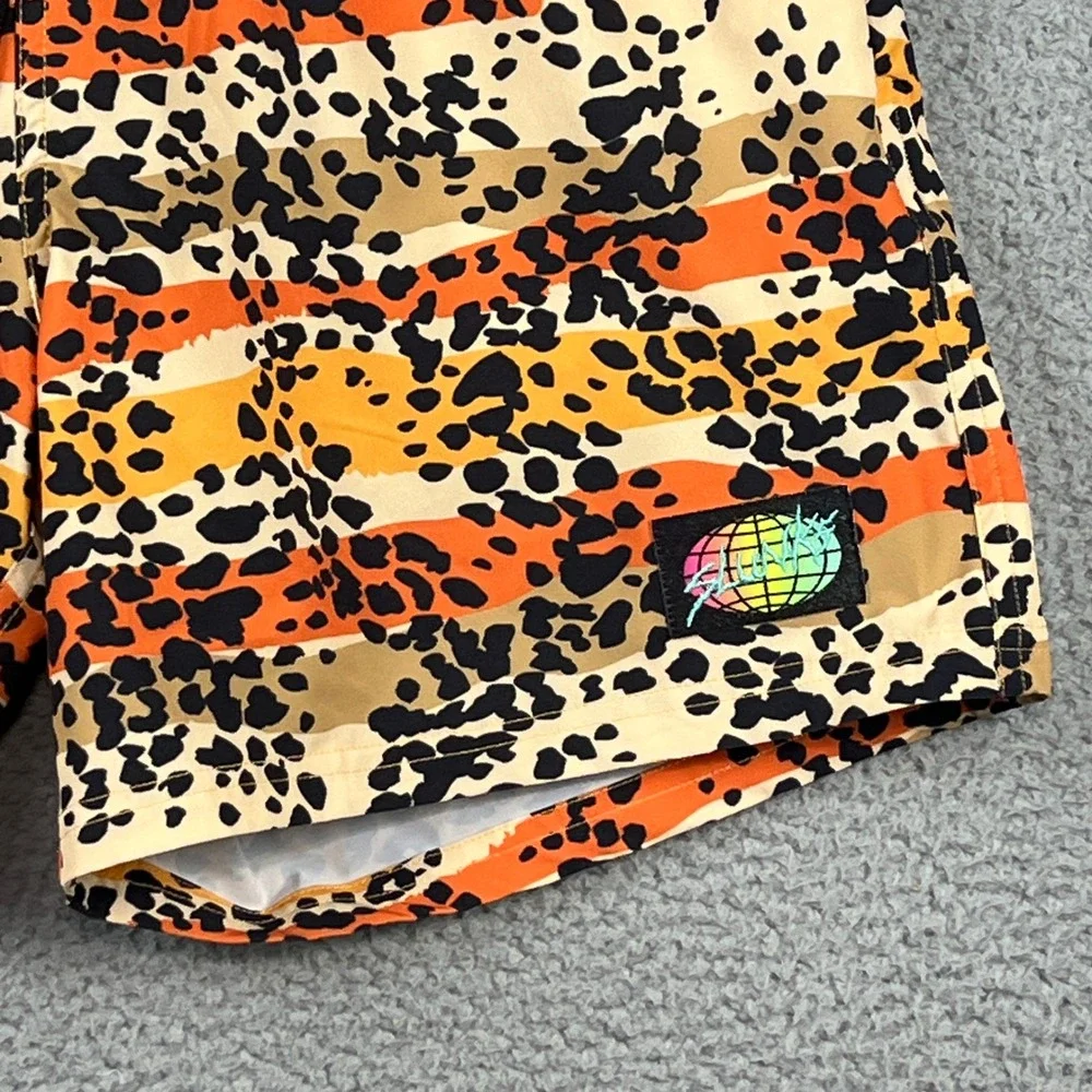 Slunks Mens Board Shorts Animal Print Striped Swim Trunks Orange Black Size M